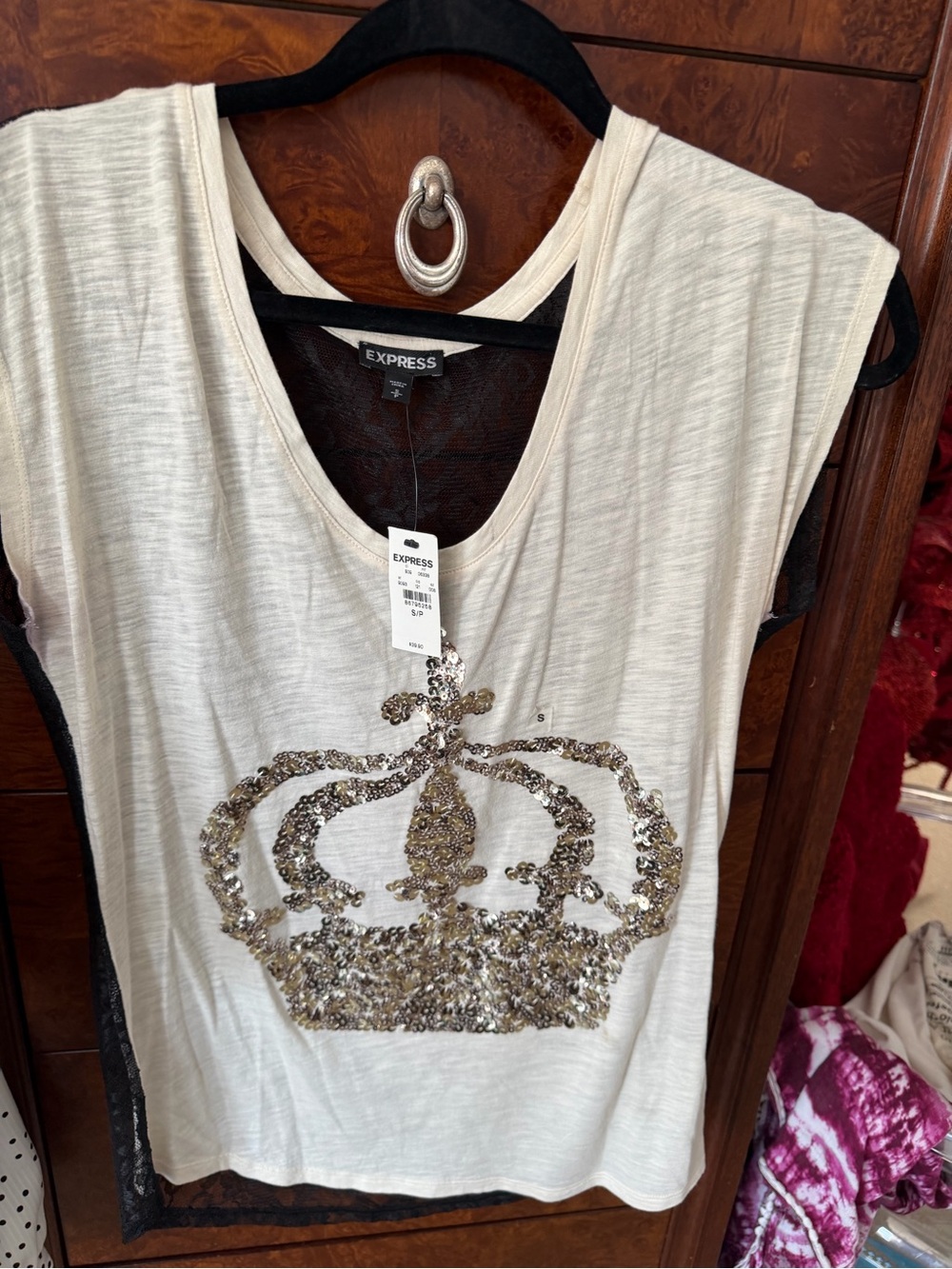 Express Cream Tank Top with Gold Sequin Crown